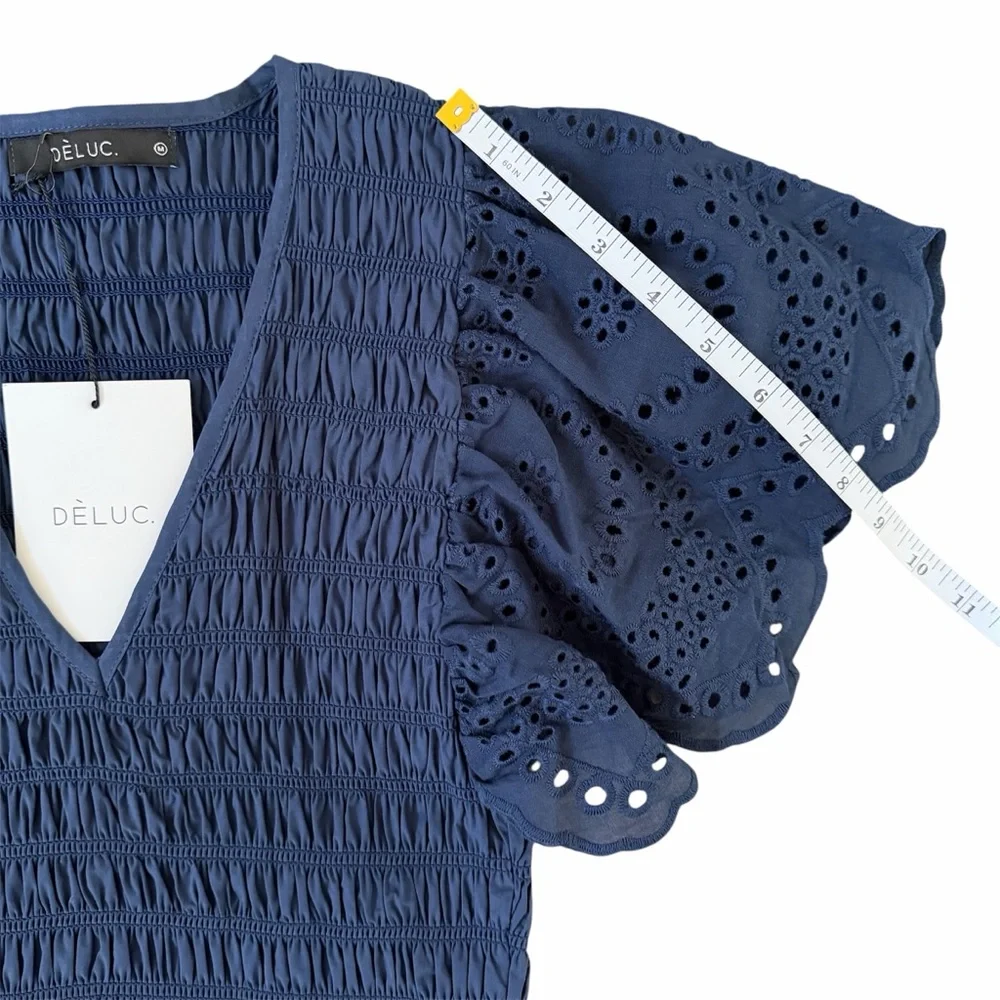 Deluc Avis Smocked Midi Dress Blue Embroidered Ruffle Pockets NWT M - Picture 14 of 14
